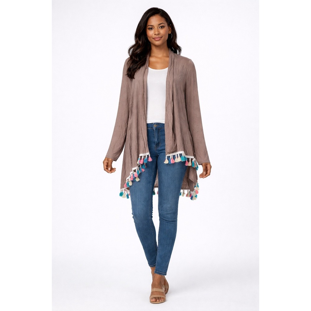 Wanna B Women Medium Taupe Brown Open Front Tassel Fringe Cardigan‎ Boho